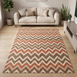 Tapis en laine tissé à la main de qualité supérieure, tissage plat, marron terre cuite, motif chevron en zigzag, géométrique, moderne, pour salon, décoration de sol - Product Image 2