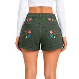 Shorts de Mezclilla de Cintura Alta para Mujer, Color Verde Bosque, con Bordado Floral Colorido, Shorts Casuales de Verano, Elásticos, Personalizados OEM ODM - Product Image 2