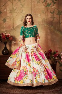 Conjunto de Vestido de Novia Tradicional para Mujer, Lehenga Choli Dupatta de Organza Tejida con Bordado de Estampado Floral, Largo hasta el Suelo, para Exteriores - Product Image 5