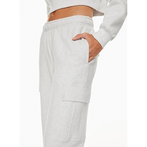 Trendy Women's Light Gray Fleece Cargo Joggers Mid Waist Loose Fit Full Length Solid Color Casual Autumn Pants With Pockets - Product Image 3
