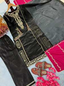 Black Designer Embroidered Silk <b>Kurti</b> Plazzo Dupatta Set - Product Image 5