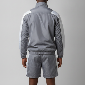 OEM <b>Men's</b> Gray <b>White</b> Color Blocking Two-Piece Windproof Waterproof Sporty <b>Jacket</b> & Shorts Set 100% Polyester - Product Image 3