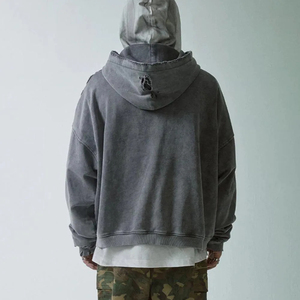 เสื้อฮู้ดดี้โอเวอร์ไซส์ผู้ชาย สีเทาล้วน ผ้าฝ้ายเฟรนช์เทอร์รี่ ซักแล้วไม่เป็นขุย มีกระเป๋า ดีไซน์สตรีทแวร์สำหรับฤดูใบไม้ร่วง - Product Image 2