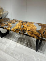 Table à manger rectangulaire moderne en résine avec bord naturel, style ferme, pieds en métal faits à la main, personnalisable, mobilier de maison, 6 places, durable