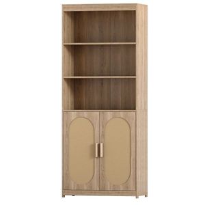Libreria Alta a 5 Ripiani in Rattan Stile Rustico con Scaffali e Ante in Legno per Ampio Stoccaggio di Libri - Product Image 2