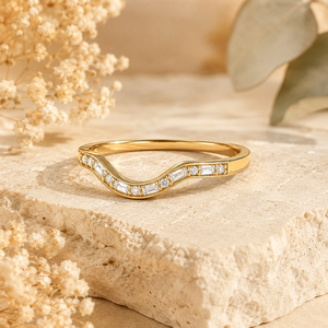 Wholesale 14K Yellow Gold Curved Wedding Band <b>Ring</b> with Round and Baguette Cut Moissanite Accent Minimalist Luxury <b>Stacking</b> <b>Ring</b> - Product Image 1