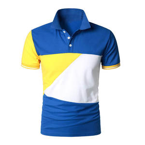 เสื้อโปโลชาย แขนสั้น ลายเรขาคณิต สีบล็อก ทรงปกติ สีน้ำเงิน เหลือง ขาว ผ้าถัก สไตล์ลำลอง - Product Image 1