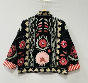 Velvet Suzani Embroidered Artisan Handmade Bomber Jacket Handcrafted Floral Design Medium Length 100% Cotton Velvet Soft All - Product Image 3