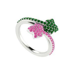 Bague Feuille d'Argent avec Cristaux Roses et Verts, Bijou Tendance pour Femme, Bague Élégante et Tendance, Accessoire Cadeau, Style Quotidien, Qualité Supérieure - Product Image 1