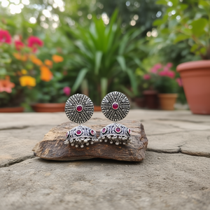 German <b>Silver</b> Chandelier Jhumka Earrings-Ethnic Religious Charm <b>Studs</b> - Product Image 3