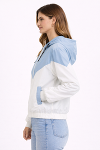 <b>Women</b> Blue White Color Block Hooded Windbreaker <b>Jacket</b> <b>Lightweight</b> Zip Up Casual Sport <b>Jacket</b> with Pockets - Product Image 2
