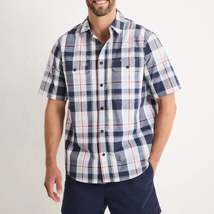 Chemise de travail pour homme, boutons intégraux, coupe décontractée, manches courtes, 100% coton popeline, deux poches poitrine, ourlet arrondi, chemise de travail western à carreaux - Product Image 1