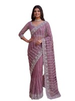 Sari élégant en tulle violet avec broderie argentée, séchage rapide, toutes saisons, pour mariage et soirée, longueur ras du sol, coupe classique, pour femme, style Bollywood