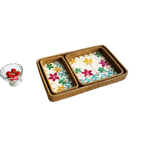 Handmade Blue And White Mother Of Pearl Round Serving Tray With <b>Handles</b> For Coffee Table Decor For Home Hotel And Restaurant Use - Product Image 6