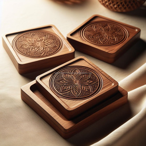 Sous-verres carrés et ronds faits à la main en bois d'acacia protégeant votre table des taches de café et des résidus de verre avec un design inspiré - Product Image 1