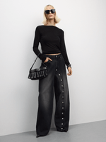 Jeans à jambes larges pour femmes grandes tailles avec broderie florale exquise et perles, denim élégant, décontracté, à porter au quotidien, détails tendance - Product Image 5