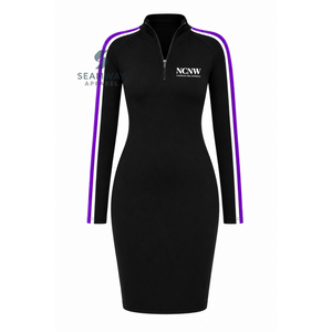 NCNW Vestido ajustado para mujer con mangas a rayas en contraste, cuello simulado con cremallera de un cuarto, largo hasta la rodilla, bordado, casual, ajustado - Product Image 1
