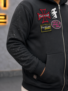Sweat à capuche zippé noir oversize pour homme, brodé, patchwork, streetwear, strass, coupe classique, style automne - Product Image 4