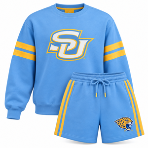 Conjunto de Sudadera y Pantalones Cortos de los Southern University Jaguars, Personalizado HBCU, Azul y Dorado, Cuello Redondo, Felpa, Dos Piezas, Venta al Por Mayor - Product Image 1