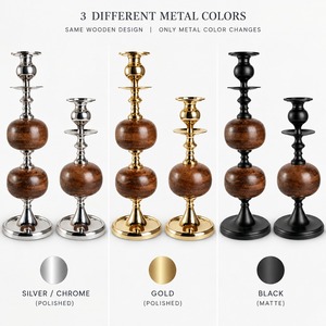 ชุดเชิงเทียนไม้แบบดั้งเดิม 2 ชิ้น ฐานโลหะทรงกลม ตกแต่งโต๊ะบ้าน - Product Image 5