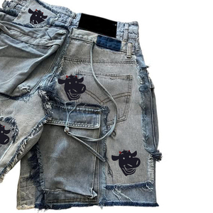 Shorts de Mezclilla Cargo para Hombre, Diseño de Parches, Lavado Desgastado, Azul, con Múltiples Bolsillos, Estilo Urbano Y2K, Hip Hop, Logotipo Personalizado, OEM, ODM - Product Image 5