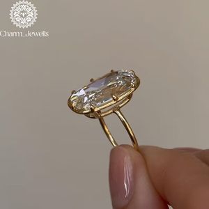 Charm_Jewells Women's <b>Gold</b> Plated Moissanite <b>Cocktail</b> <b>Ring</b> Emerald Cut Bezel Setting Classic Style - Product Image 5