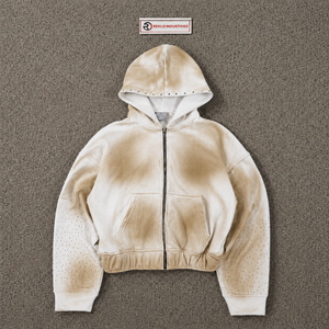Sudadera con capucha beige degradado con cremallera, estilo urbano oversize, unisex, premium, con capucha y cremallera completa, moda vintage, oferta de otoño - Product Image 5