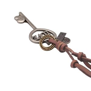 Vintage Rhodium Plated Alloy Key Heart Pendant with Adjustable Dark Orange Leather Cord Necklace for Men - Product Image 4