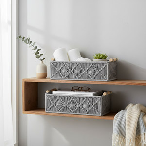 Grey Macramé <b>Storage</b> <b>Basket</b> Handmade Cotton <b>Rope</b> Woven Eco-Friendly & Stackable Home Décor Organizer for Living Room & Bedroom - Product Image 4
