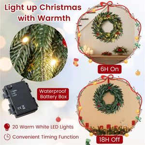 Ghirlanda Natalizia Verde Pre-Illuminata da 60 cm con 20 LED Bianchi Caldi, Pigne e Bacche Rosse, Moderna Ghirlanda in PVC per Interni/Esterni - Product Image 6