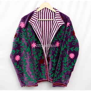 Handmade Woven Velvet Cotton Shell <b>Jacket</b> for <b>Women</b> Embroidered with Green Leaf Floral Design Eco-Friendly Boho <b>Vintage</b> Style - Product Image 2