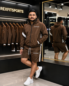 REXFIT <b>SPORTS</b> 2026 Custom Men Brown Nylon Sportswear Set Hooded Windbreaker <b>Jacket</b> Shorts Two Piece Tracksuit Lightweight Street - Product Image 3