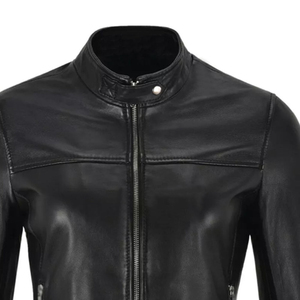 Women's Black Genuine <b>Leather</b> Moto <b>Jacket</b> Full Sleeve Stand Collar Zipper Closure Autumn Style - Product Image 3