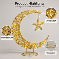 Lampe de table en forme de croissant de lune perlée en fer, réutilisable et durable, avec étoile suspendue, LED chaude, piles AA, pour la décoration intérieure, vente en gros, pour l'Aïd du Ramadan