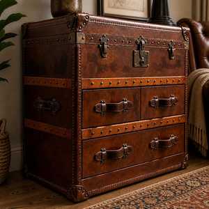 Armoire de rangement vintage en cuir marron, coffre antique en bois, meuble d'appoint pour salon - Product Image 1