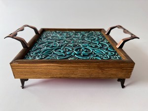 Custom Wood Enamel Serving Tray with Ornamental Print Decorative Handles Handmade Rectangular <b>Platter</b> for Dining Table Kitchen - Product Image 3