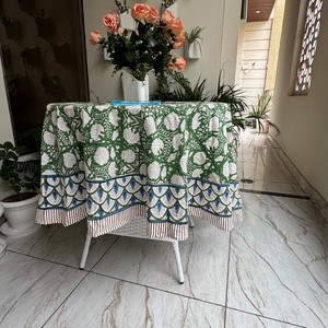 Bohemian Green Floral Hand Block Print Round <b>Tablecloth</b>, Waterproof Cotton Custom Logo Table Cloth for <b>Wedding</b> Restaurant Picnic - Product Image 1