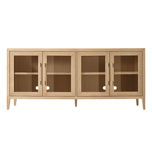Aparador Contemporáneo de Teca Sólida con Puertas de Cristal, Estantes de Exhibición, Gestión de Cables y Detalle de Veta de Madera Natural - Product Image 1