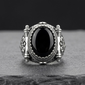Men's 925 <b>Silver</b> <b>Silver</b> Signet Ring With 10x14mm Oval Black Onyx Gemstone Vintage Floral Pattern Bezel Setting For Everyday Wear - Product Image 1