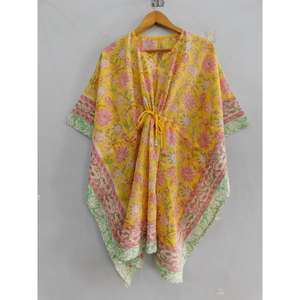 Robe Kaftan Bohème en Coton Fait Main Imprimé Floral Coupe Ample Mini Col V Manches Chauve-Souris Cordon de Serrage Évasée pour la Plage - Product Image 1