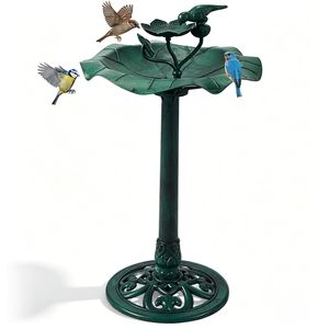 Vasca per Uccelli in Resina Verde Scuro 50*50*86cm con Bordo a Fiore di Loto e Vassoio Mangiatoia per Birdwatching in Giardino - Product Image 1