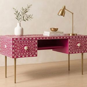 Table de bureau moderne faite à la main avec incrustation florale en os, pour poste de travail ou coiffeuse, idéale pour le bureau à domicile - Product Image 2