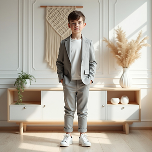 Custom Boys Light Grey 2 Piece Suit Formal Wedding Party <b>Ring</b> Bearer <b>Kids</b> Blazer Pants Set - Product Image 2