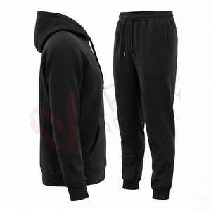 Men's <b>Black</b> Hooded Tracksuit Set Full Sleeve Solid Color Casual Regular Fit Autumn Wear Breathable 100% Cotton <b>Joggers</b> - Product Image 3