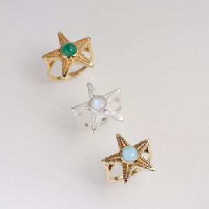 Anillo de Estrella de Mar de Latón con Cabujón de Larimar, Ajustable, Inspirado en el Océano, Anillos Modernos de Piedras Preciosas Naturales Hechos a Mano, Joyería para Mujer - Product Image 4