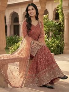 Zeel Fashion Mono Morado de Diseñador con Bordado Intenso para Fiesta, Top-Sharara y Dupatta, Talla S, 950g, para Ocasiones Especiales - Product Image 1