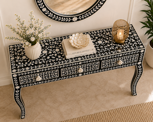 Table console de luxe en os incrusté avec cadre de miroir et 3 tiroirs, meuble d'entrée tendance pour la décoration du couloir - Product Image 6