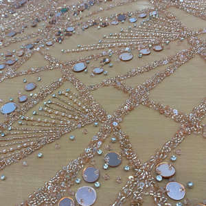 Tissu en dentelle perlée or rose de luxe, vente en gros, travail manuel lourd, tulle à sequins pour robe de mariée, robe de soirée - Product Image 2