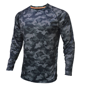 Maillots de pêche à col rond en polyester et élasthanne 100 % avec motif camouflage noir, sublimation intégrale unique, protection solaire UPF 50+, toutes tailles - Product Image 1