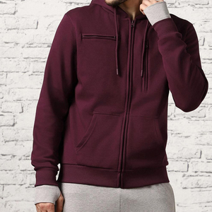 Sweat-shirt à capuche bordeaux personnalisé pour homme avec fermeture éclair, poches poitrine zippées et poignets contrastants – Style décontracté streetwear - Product Image 1